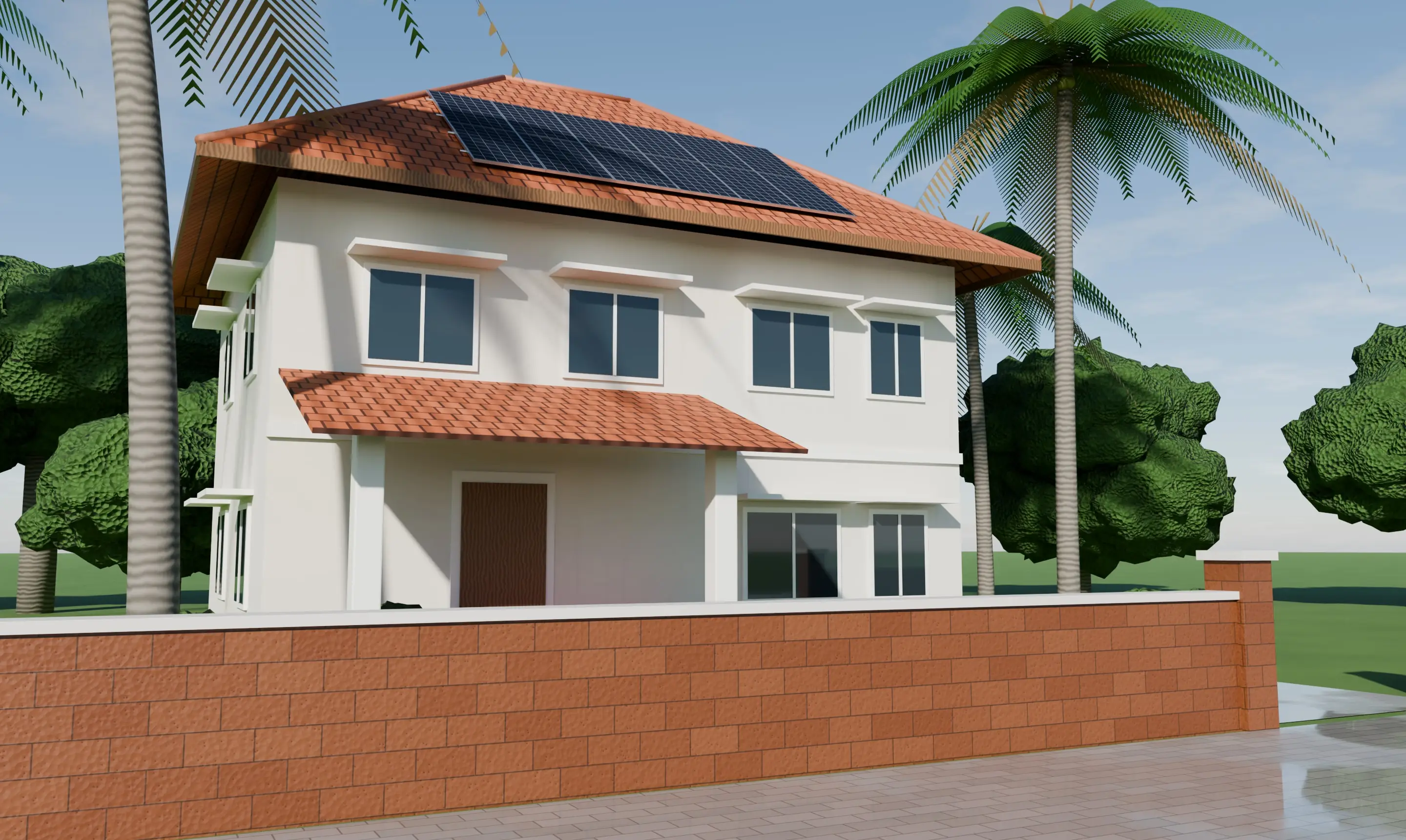 Illustrative render of a two-storey Kerala home with a clay-tile roof and rooftop solar panels, behind a wet laterite wall and coconut palms.