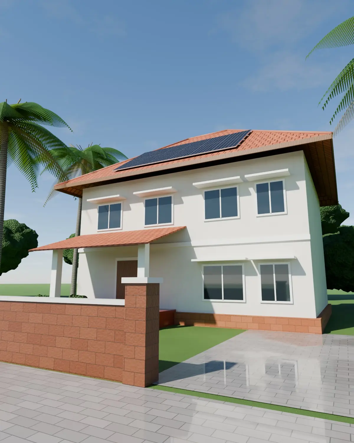 Illustrative render of a tiled-roof family home with solar panels on the sunny slope.
