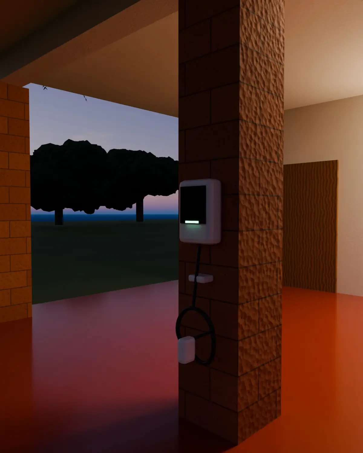 Illustrative render of a wall-mounted EV charger on a laterite porch pillar at dusk.