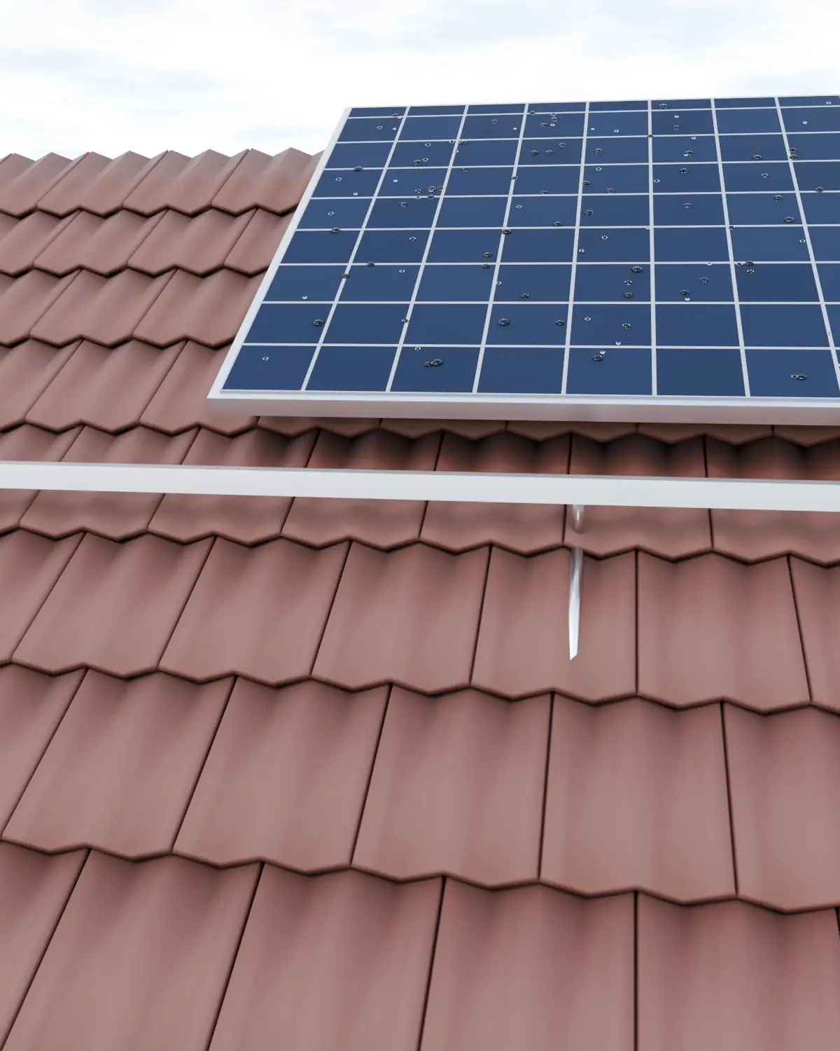 Illustrative render of an aluminium mounting rail fixed over clay roof tiles, beside a solar panel beaded with rain.