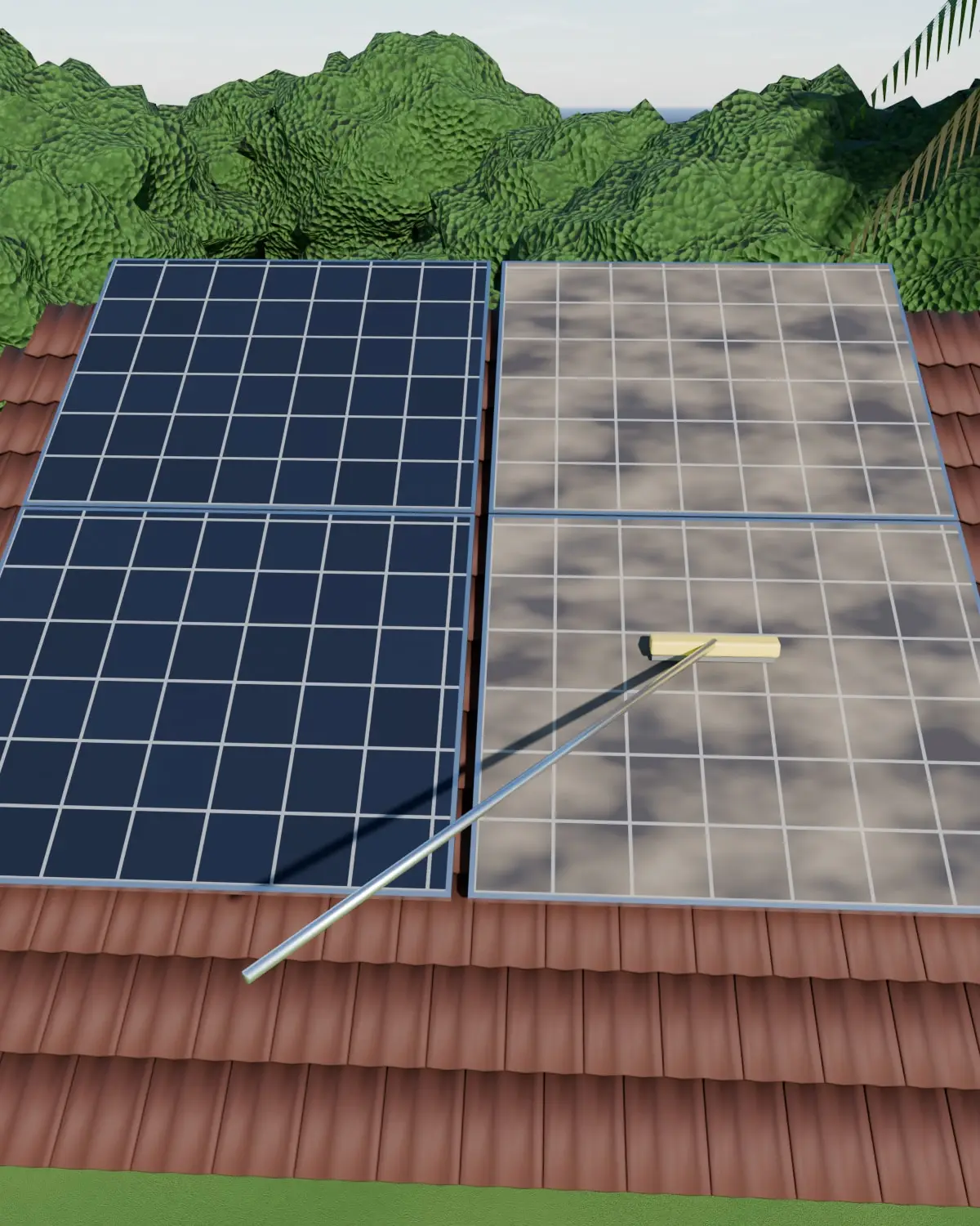 Illustrative render of rooftop solar panels being cleaned, a soft brush resting across a dusty panel.
